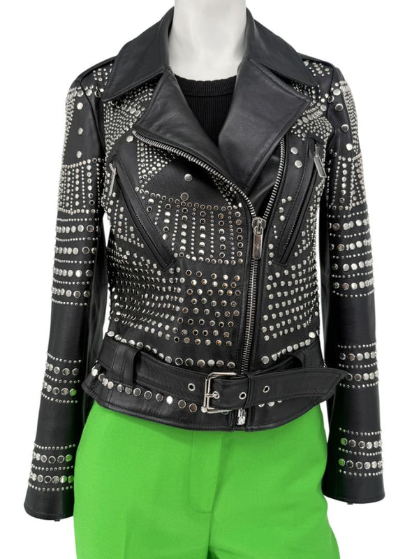 Nour Hammour Studded Lambskin Leather Biker Jacket - Size FR 36