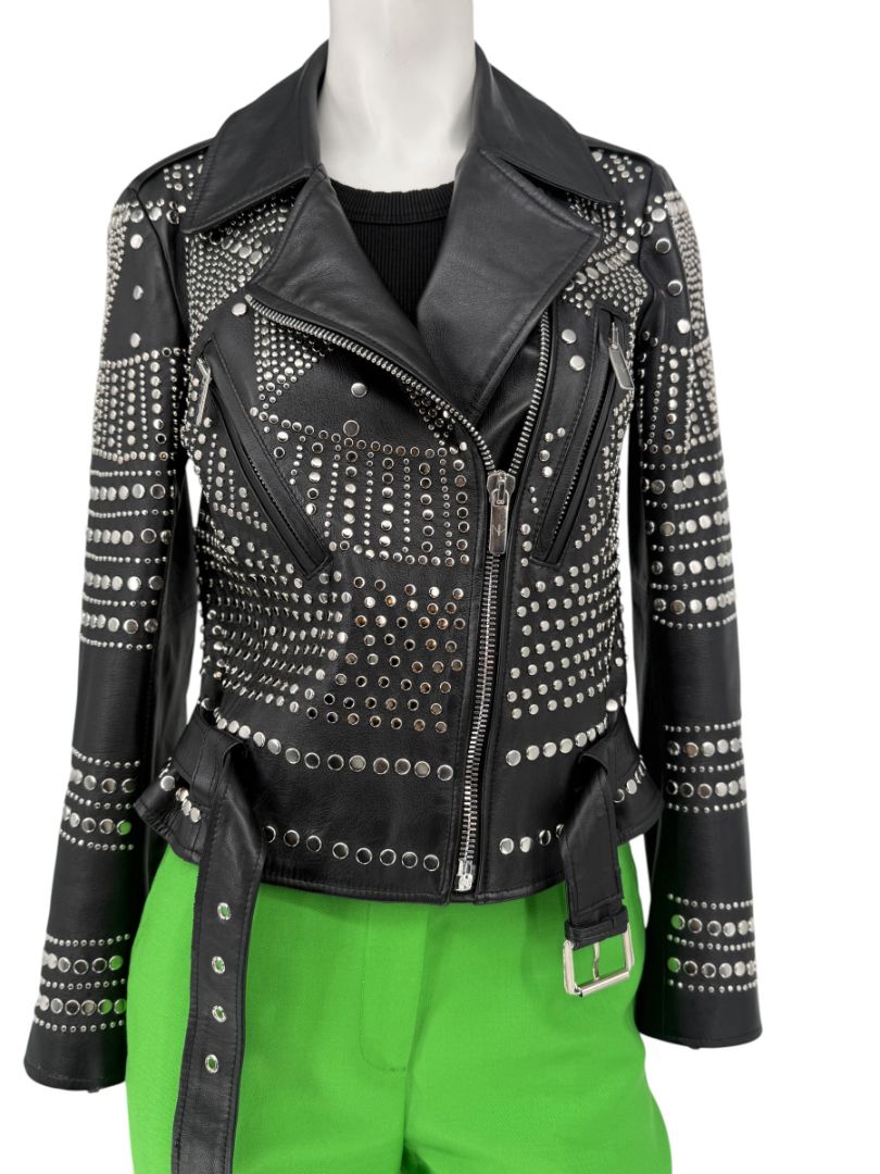 Nour Hammour Studded Lambskin Leather Biker Jacket - Size FR 36