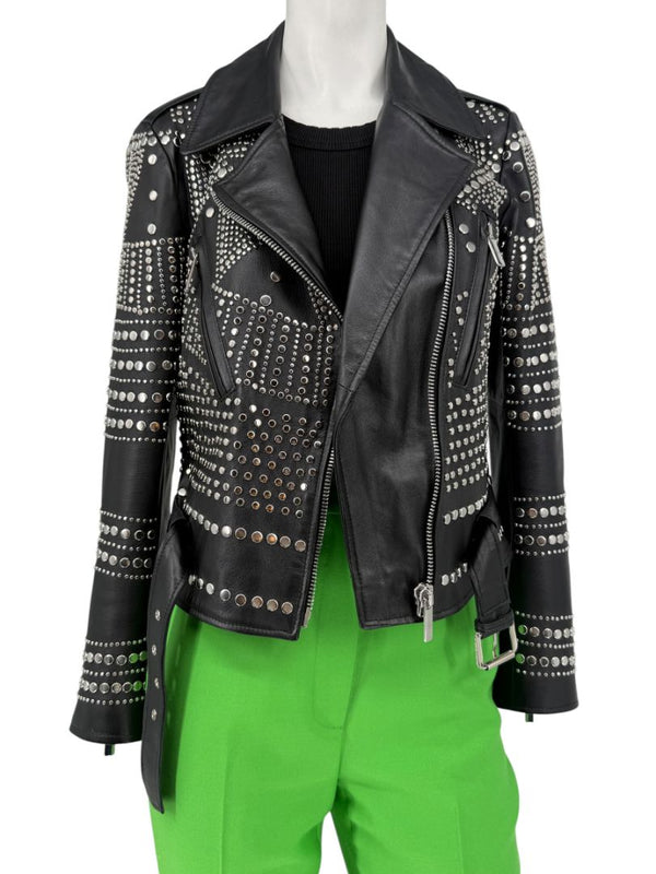 Nour Hammour Studded Lambskin Leather Biker Jacket - Size FR 36