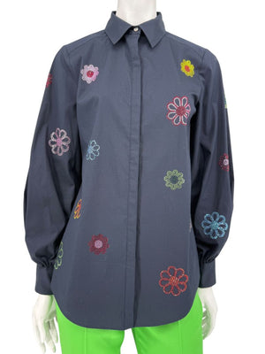 Cinq à Sept Kandice Heatset Daisy Embroidered Poplin Top – Size 2