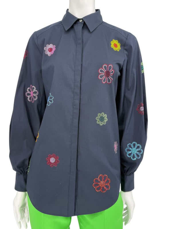 Cinq à Sept Kandice Heatset Daisy Embroidered Poplin Top – Size 2