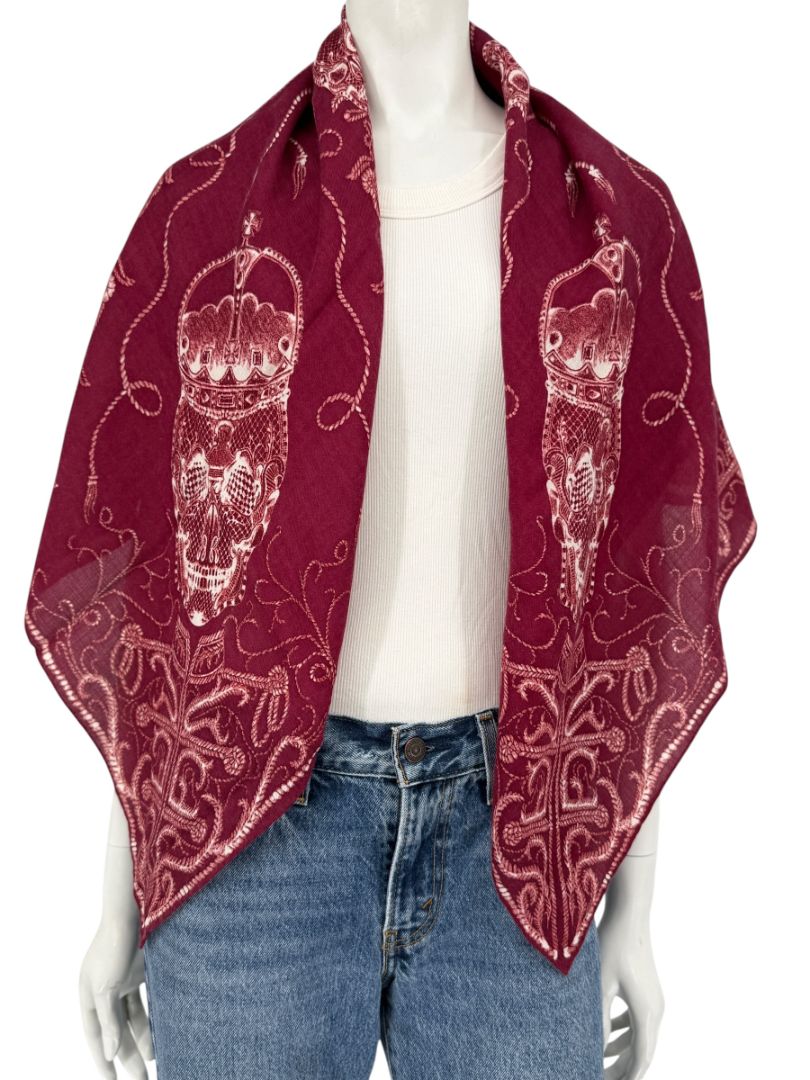 Alexander McQueen Crown Skull Silk Scarf Shawl – Burgundy / Ivory – 135cm x 135cm