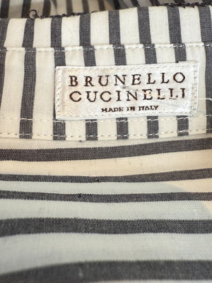 Brunello Cucinelli Gray & White Vertical Stripe Embroidered Collar Shirt – Size XL