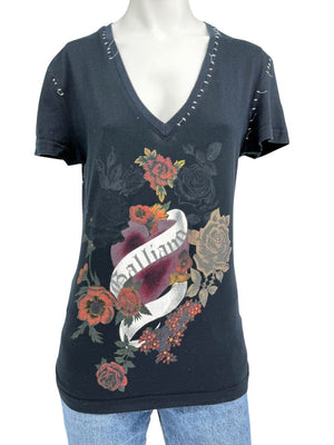 John Galliano Floral Heart Graphic V-Neck T-Shirt – Size M