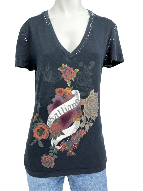 John Galliano Floral Heart Graphic V-Neck T-Shirt – Size M