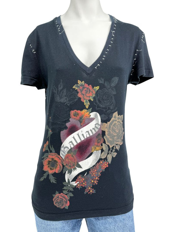John Galliano Floral Heart Graphic V-Neck T-Shirt – Size M
