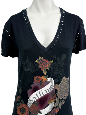 John Galliano Floral Heart Graphic V-Neck T-Shirt – Size M