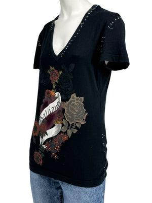 John Galliano Floral Heart Graphic V-Neck T-Shirt – Size M