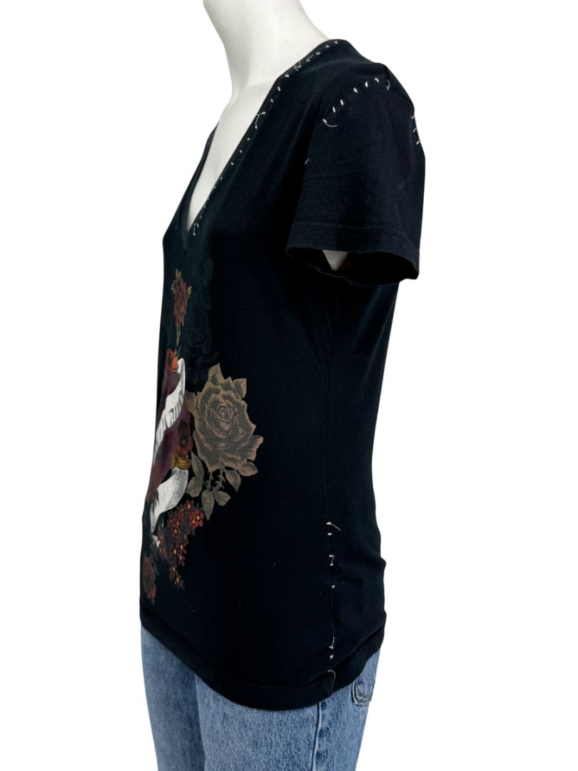 John Galliano Floral Heart Graphic V-Neck T-Shirt – Size M