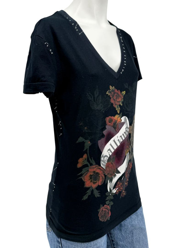 John Galliano Floral Heart Graphic V-Neck T-Shirt – Size M