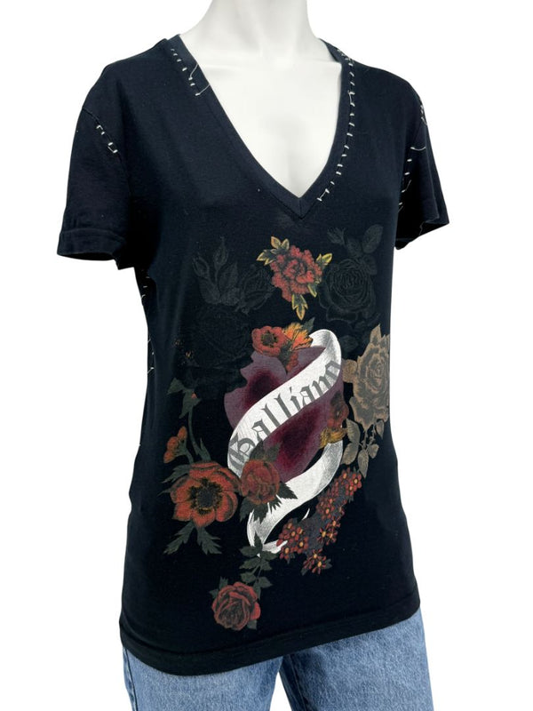 John Galliano Floral Heart Graphic V-Neck T-Shirt – Size M