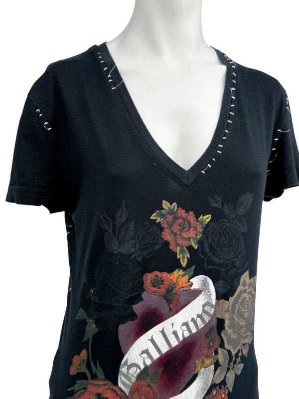John Galliano Floral Heart Graphic V-Neck T-Shirt – Size M