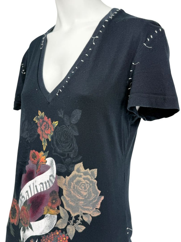 John Galliano Floral Heart Graphic V-Neck T-Shirt – Size M