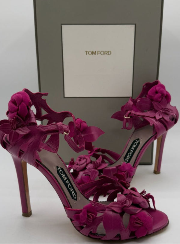 Tom Ford Magenta Floral Cutout Leather Sandals – Size 37 – Very Good Preowned Condition