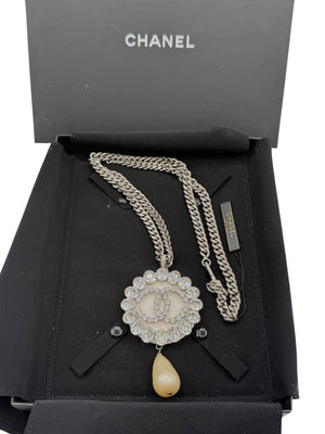Chanel Fall 2000 Crystal CC Pearl Drop Medallion Necklace on Gunmetal Chain