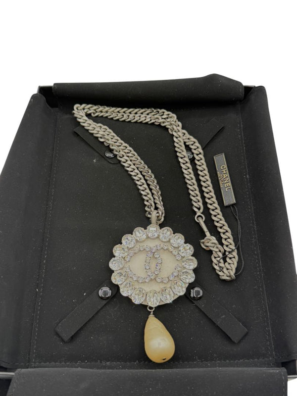 Chanel Fall 2000 Crystal CC Pearl Drop Medallion Necklace on Gunmetal Chain