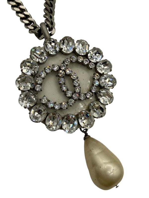 Chanel Fall 2000 Crystal CC Pearl Drop Medallion Necklace on Gunmetal Chain