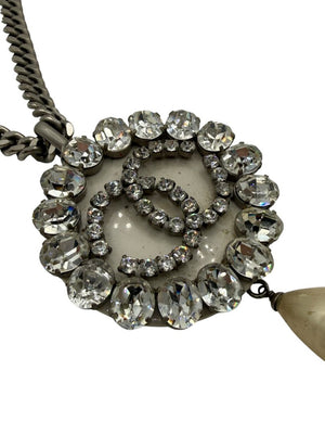 Chanel Fall 2000 Crystal CC Pearl Drop Medallion Necklace on Gunmetal Chain