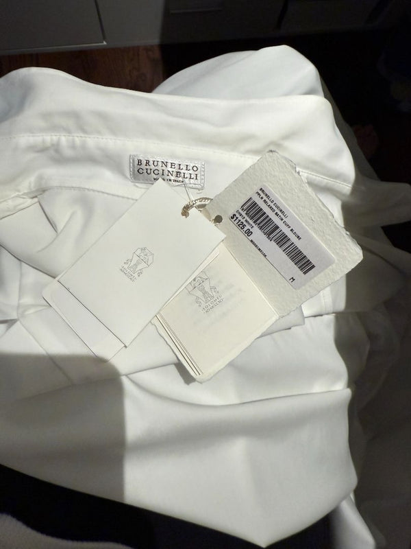 Brunello Cucinelli White Relaxed Satin Cuff Blouse – Size M- NEW