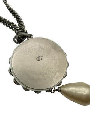 Chanel Fall 2000 Crystal CC Pearl Drop Medallion Necklace on Gunmetal Chain