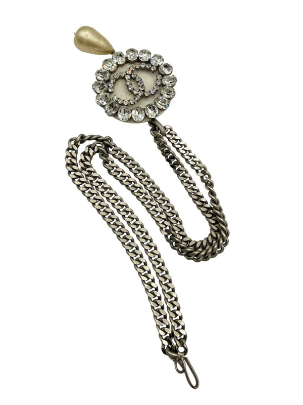 Chanel Fall 2000 Crystal CC Pearl Drop Medallion Necklace on Gunmetal Chain