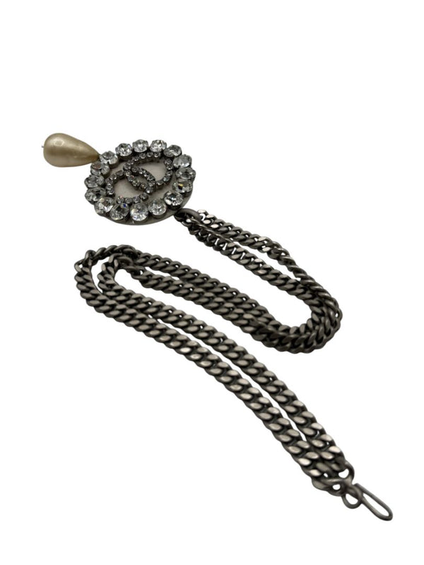 Chanel Fall 2000 Crystal CC Pearl Drop Medallion Necklace on Gunmetal Chain