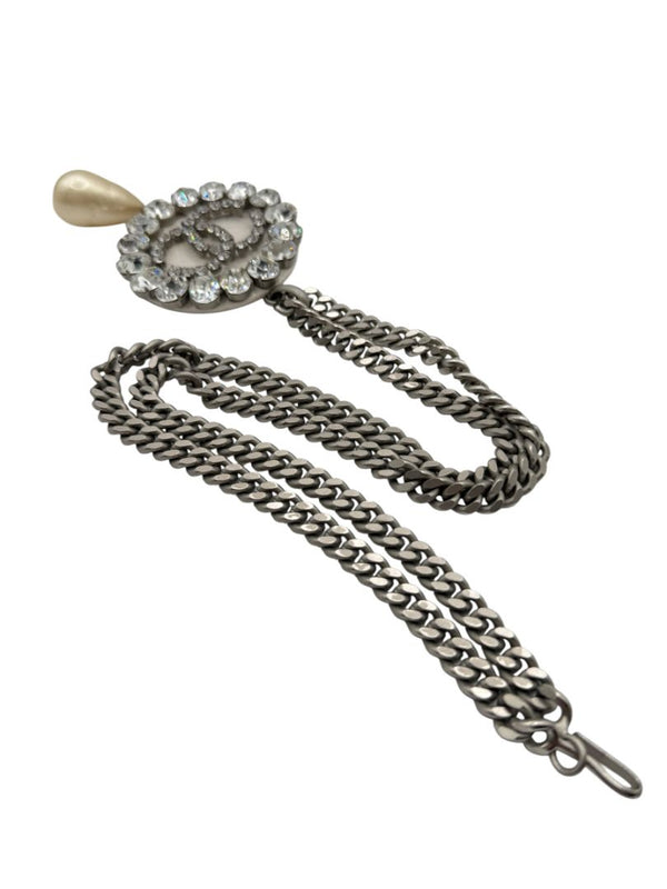 Chanel Fall 2000 Crystal CC Pearl Drop Medallion Necklace on Gunmetal Chain