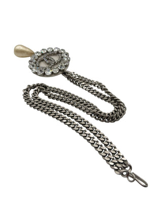 Chanel Fall 2000 Crystal CC Pearl Drop Medallion Necklace on Gunmetal Chain