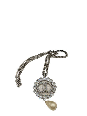 Chanel Fall 2000 Crystal CC Pearl Drop Medallion Necklace on Gunmetal Chain