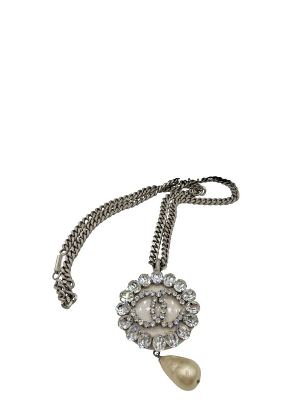 Chanel Fall 2000 Crystal CC Pearl Drop Medallion Necklace on Gunmetal Chain