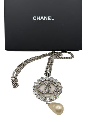 Chanel Fall 2000 Crystal CC Pearl Drop Medallion Necklace on Gunmetal Chain