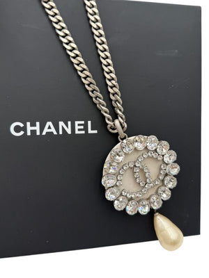 Chanel Fall 2000 Crystal CC Pearl Drop Medallion Necklace on Gunmetal Chain