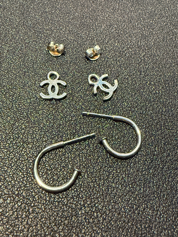 Chanel Vintage Silver-Tone Interlocking CC Drop Hoop Earrings