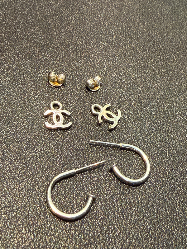 Chanel Vintage Silver-Tone Interlocking CC Drop Hoop Earrings