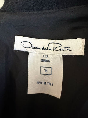 Oscar de la Renta Black Wool Silk Dress Size 16 Velvet Trim Italy Cocktail Evening