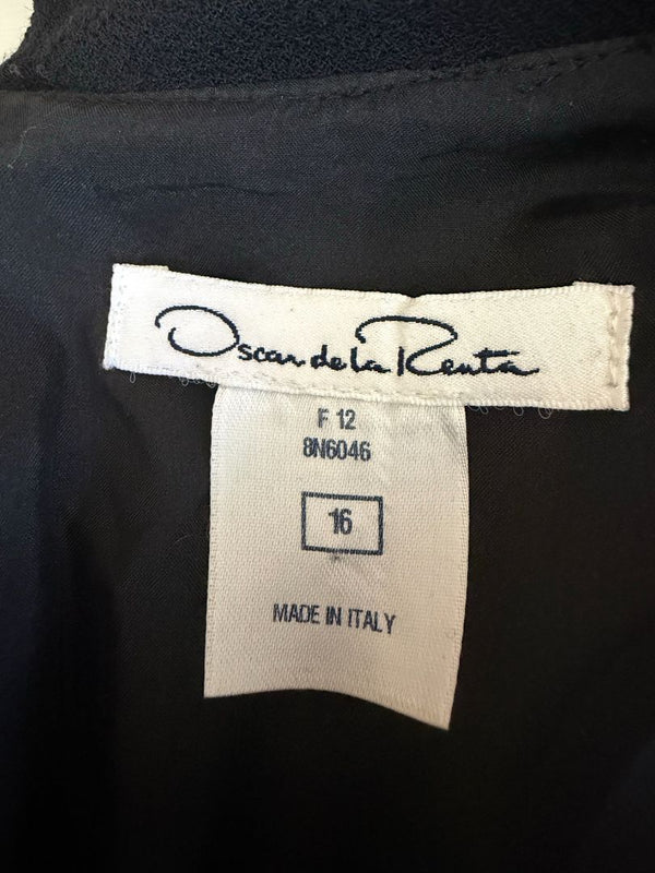 Oscar de la Renta Black Wool Silk Dress Size 16 Velvet Trim Italy Cocktail Evening