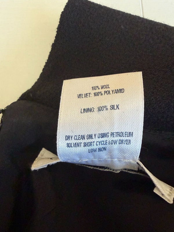 Oscar de la Renta Black Wool Silk Dress Size 16 Velvet Trim Italy Cocktail Evening