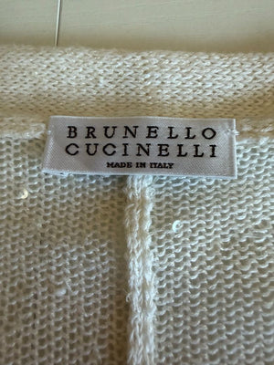 Brunello Cucinelli 3XL Ivory Linen Silk Monili Beaded Cardigan Italy Lightweight Sweater