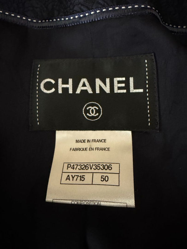 Chanel Silk Jacquard Coat Size 50 Blue Grey Double Breasted France CC Buttons