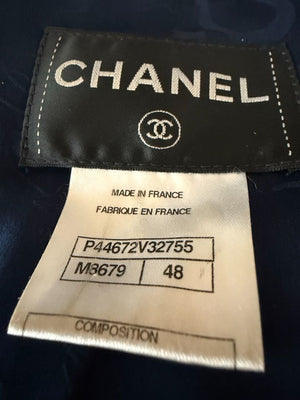 Chanel Tweed Jacket Coat Size 48 Navy Black Wool Silk Lined Jewel Buttons