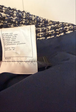 Chanel Tweed Jacket Coat Size 48 Navy Black Wool Silk Lined Jewel Buttons