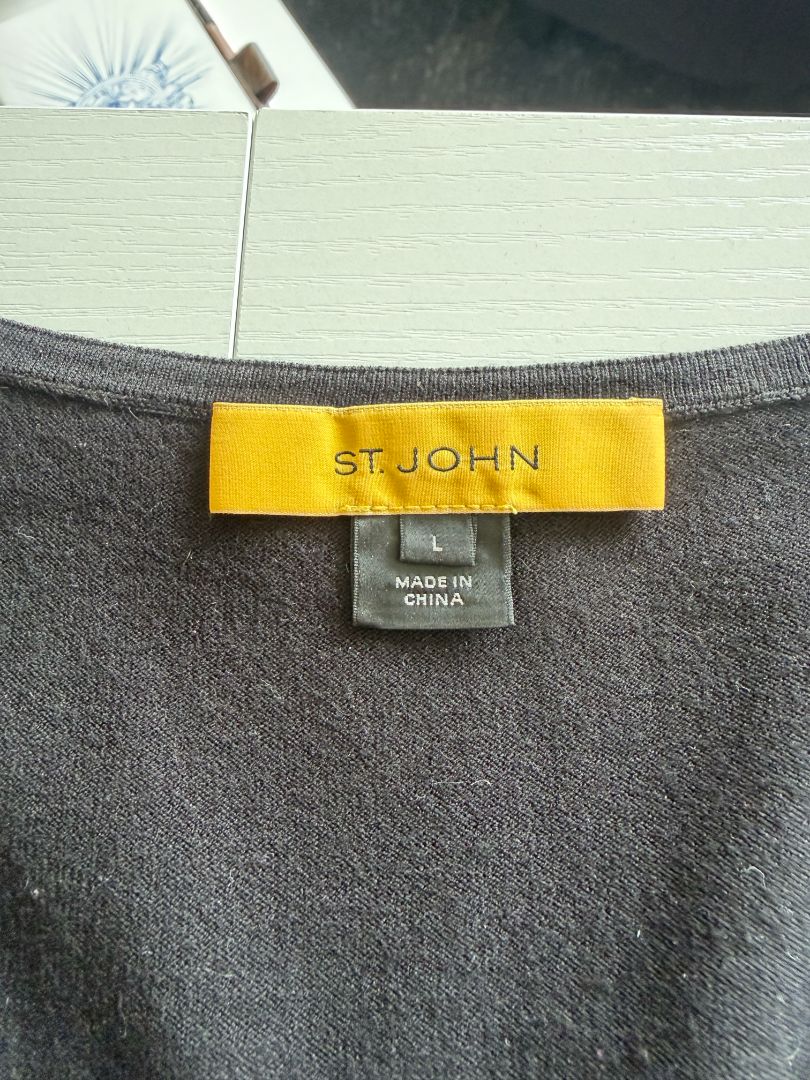 St. John Black Sequin Stripe Knit Twin Set | Zip Cardigan & Shell Tank | Size Large