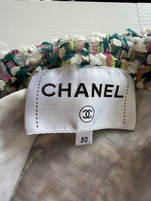 Chanel Fantasy Tweed Jacket Coat Size 50 Multicolor Silk Lined Owl Buttons