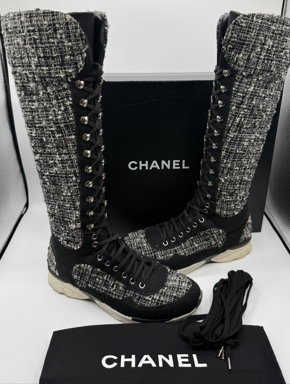 Chanel Tweed & Suede Lace-Up Knee-High Sneakers – Size 40 (EU)