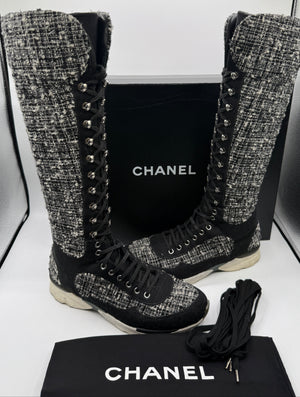 Chanel Tweed & Suede Lace-Up Knee-High Sneakers – Size 40 (EU)