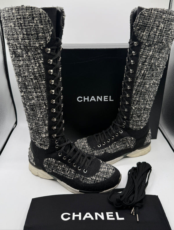 Chanel Tweed & Suede Lace-Up Knee-High Sneakers – Size 40 (EU)