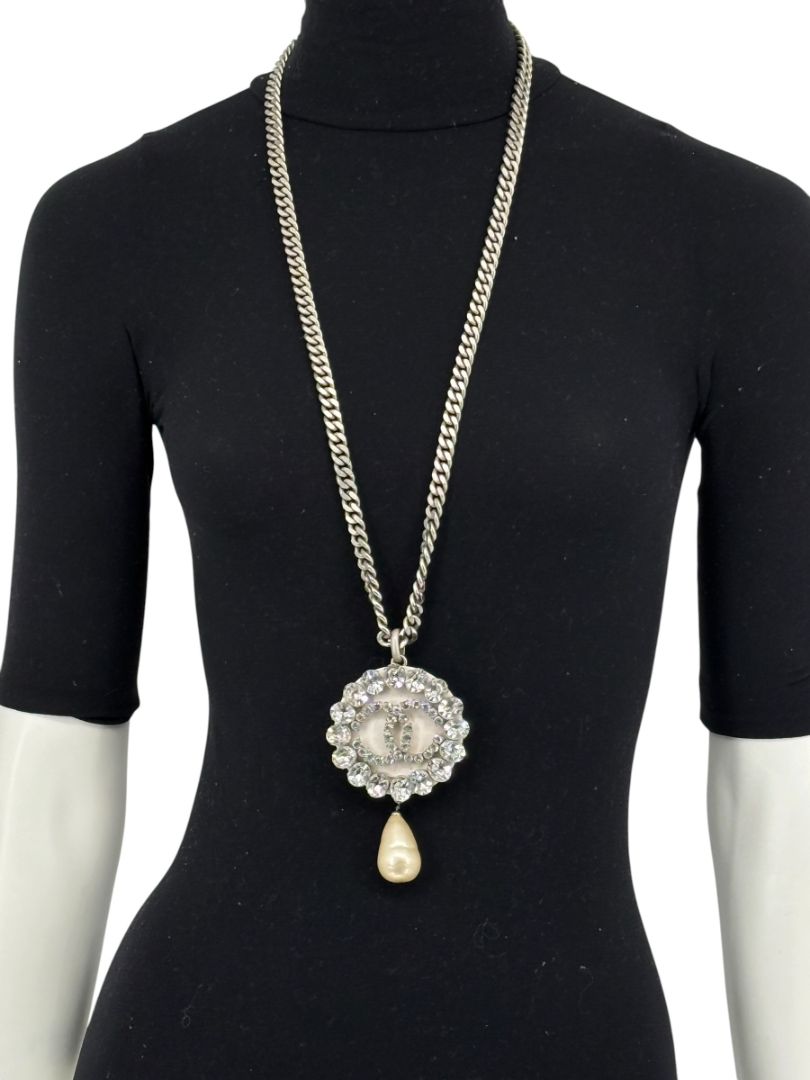 Chanel Fall 2000 Crystal CC Pearl Drop Medallion Necklace on Gunmetal Chain