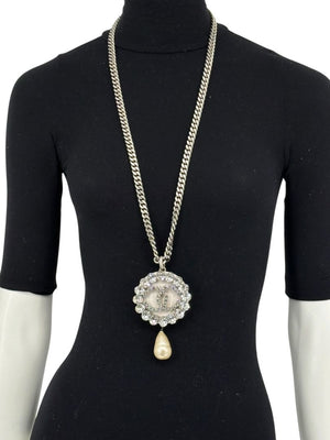 Chanel Fall 2000 Crystal CC Pearl Drop Medallion Necklace on Gunmetal Chain