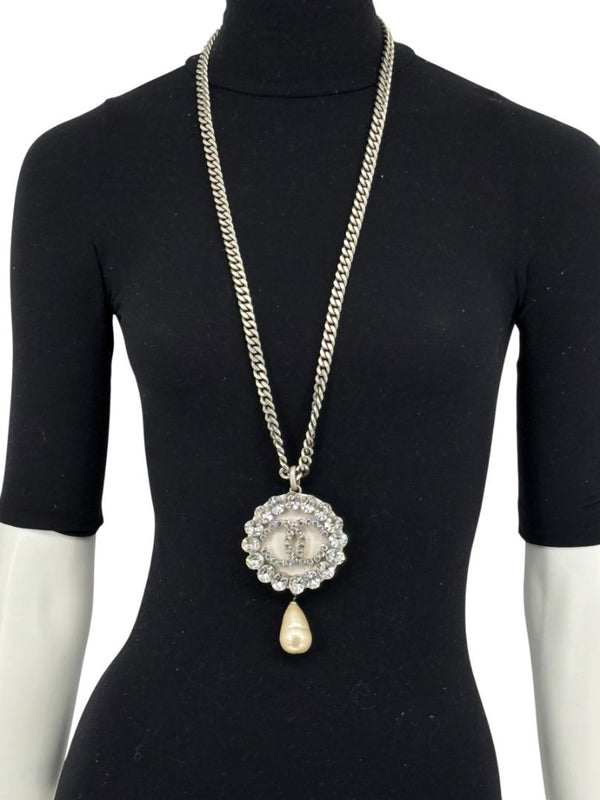 Chanel Fall 2000 Crystal CC Pearl Drop Medallion Necklace on Gunmetal Chain