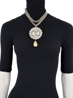 Chanel Fall 2000 Crystal CC Pearl Drop Medallion Necklace on Gunmetal Chain